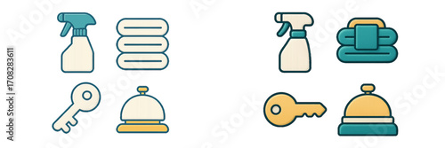 Hotel service icons: cleaning spray, towels, key, reception bell