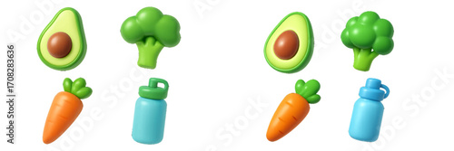 Fresh healthy food and water bottle icons in stylized 3D