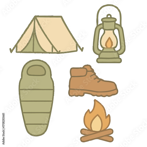 Camping gear icons set: tent, lantern, sleeping bag, hiking boot, campfire
