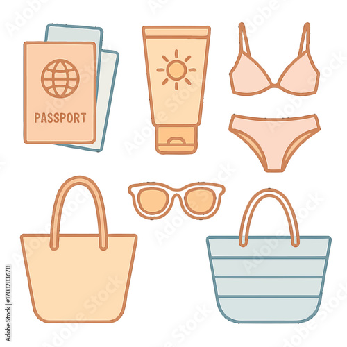 Essential summer travel icons: passport, sunscreen, bikini, tote bags, sunglasses