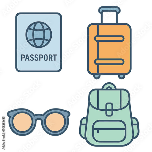 Travel icons set: luggage, passport, sunglasses, backpack in neon outline style