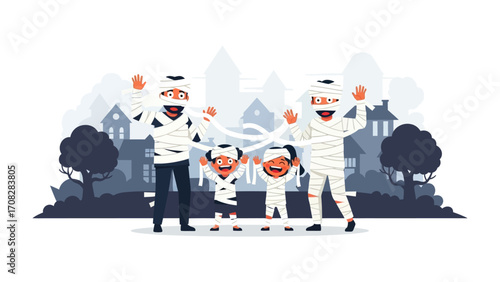 Mummy Family Ready for Halloween: A charming family, joyfully dressed as mummies, stands against a backdrop of stylized houses, symbolizing a delightful Halloween celebration. 