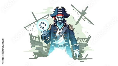 Ghost Pirate of the Sea: A spectral pirate stands with a glowing hook against a ghostly ship backdrop, exuding an aura of mystery and maritime adventure.