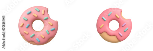 Pink frosted donut with colorful sprinkles and a bite taken out