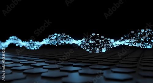 Abstract blue data wave flowing over dark hexagons technology network digital connection future science AI bigdata light cyber