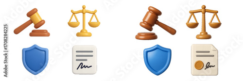Legal and justice symbols: gavel, scales, shield, document