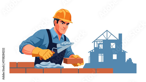 Bricklayer in Action: A construction worker meticulously laying bricks with a trowel, creating a building, showcasing craftsmanship, and the process of construction.