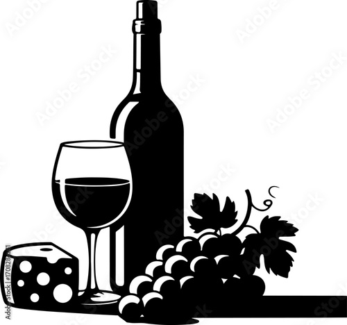 Wine still life Isolated silhouette vector illustration