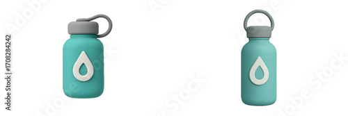 Teal water bottle with drop icon and carrying loop isolated on white