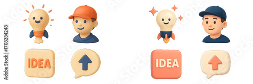 Lightbulb rocket launching with happy characters, symbolizing innovation and success