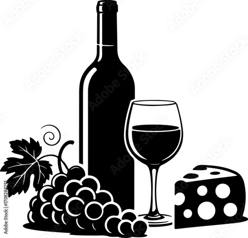 Wine still life Isolated silhouette vector illustration