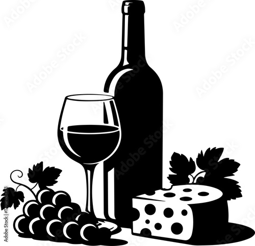 Wine still life Isolated silhouette vector illustration
