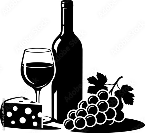 Wine still life Isolated silhouette vector illustration