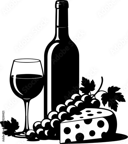 Wine still life Isolated silhouette vector illustration