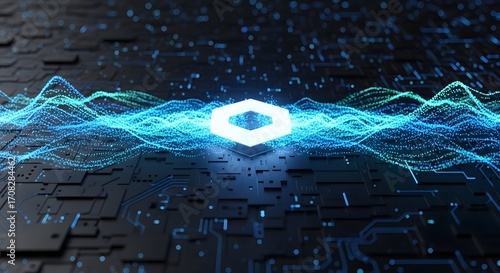 Central glowing hexagon digital data stream over futuristic circuit board Technology AI Blockchain Network Computing Innovation Future Abstract Cyber Blue