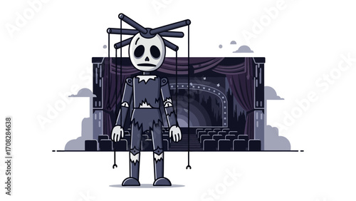 The Puppet’s Stage Presence: A forlorn puppet stands center stage, its lifeless eyes and skeletal face contrasting with the grandeur of the theater, hinting at a story of control and manipulation.