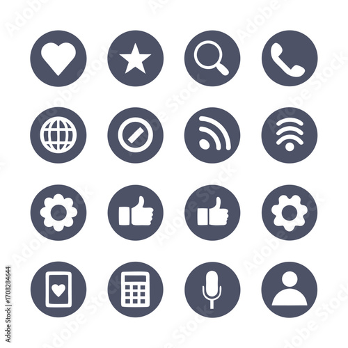 Collection of sixteen blue circular icons representing diverse functions is visually organized on white