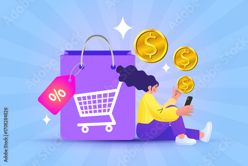 Online shopping and reward concept. A happy woman uses a smartphone, leaning on a giant shopping bag with a discount tag. Gold coins symbolize cash back or savings from a mobile e-commerce store.