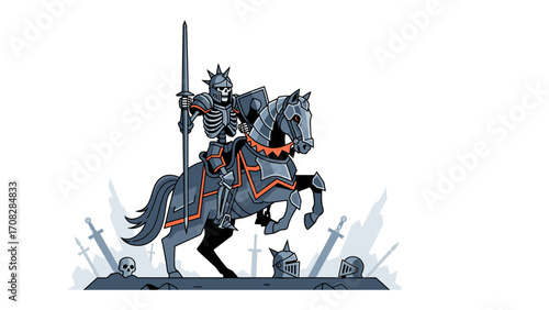 Eerie Knightly Specter: An illustration showcases a skeletal figure clad in armor, mounted atop a noble steed, traversing a battlefield littered with forgotten weaponry.