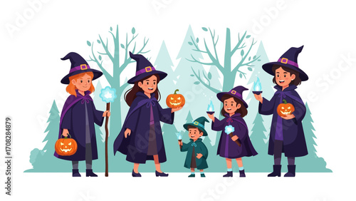 Enchanted Gathering: A whimsical illustration of a group of children in elaborate witch costumes.