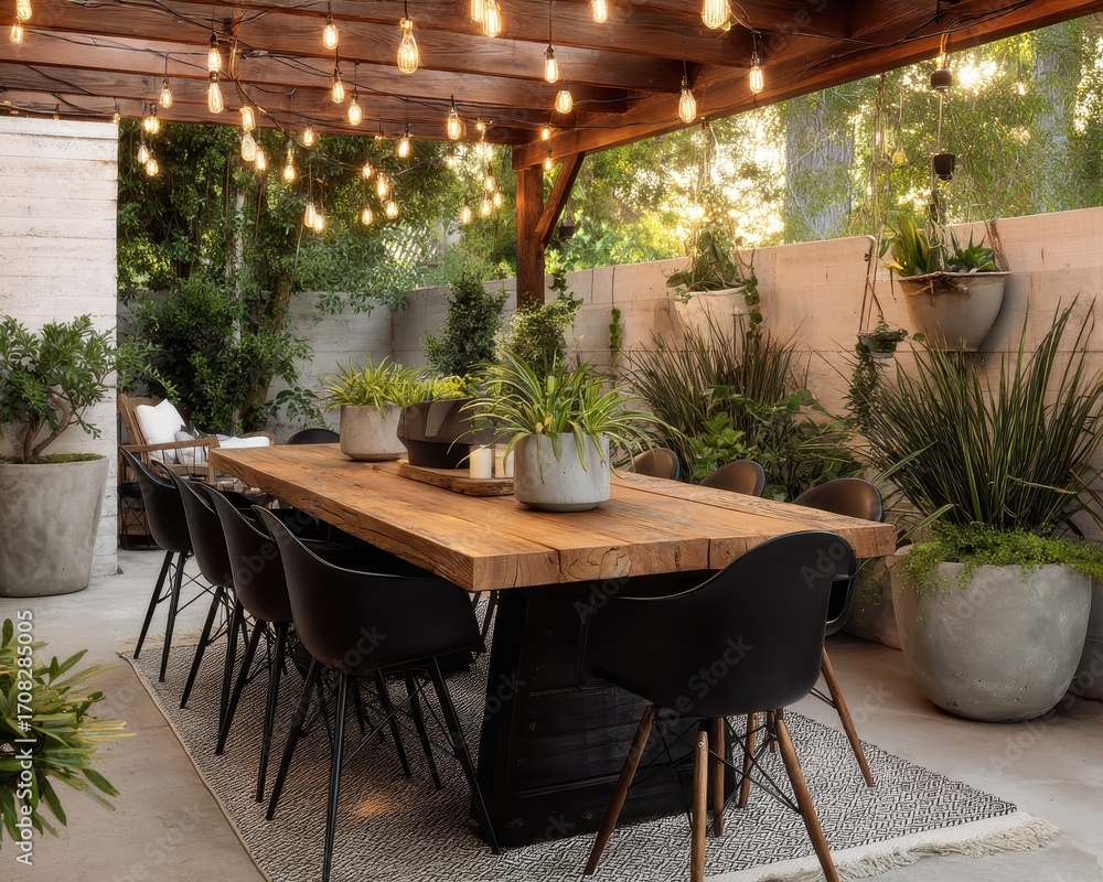 Obraz premium Rustic outdoor dining area under pergola.