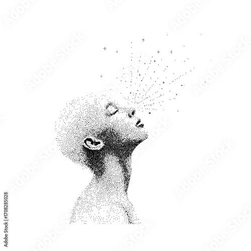 Stippled portrait of a bald woman looking up with stars, ethereal, cosmic, spiritual, connection, light, hope