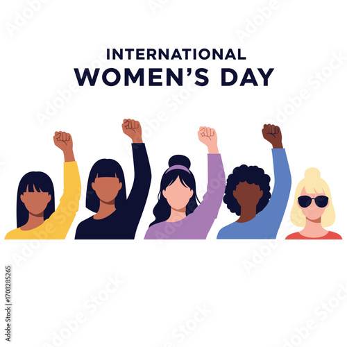 International Womens Day Diverse Group Raised Fists Celebration.