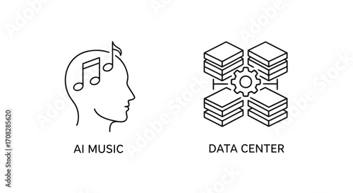 Vector illustration of ai music and data center concept, artificial intelligence composing music, machine learning, big data, data processing