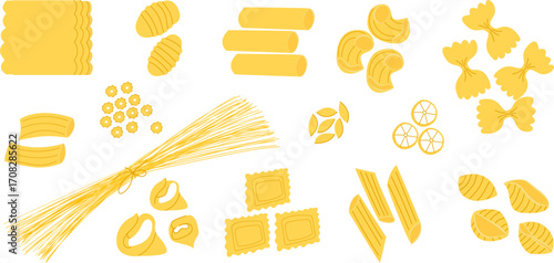 Various types of Italian pasta. Noodles, lasagne, spaghetti and penne. Traditional classic cooking of Italian cuisine. For menus and food design, pizzerias and restaurants.