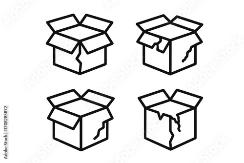Damaged box line icon set for graphic design. Broken open cardboard package for delivery and shipping concepts. Fragile cargo, return symbol vector outline illustration.