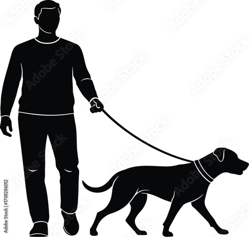 Black silhouette of person walking dog on leash, pet owner outdoor activity, animal companionship, vector illustration for lifestyle and pet themes