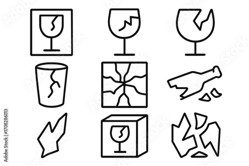 Broken glass line icon set. Fragile warning symbol for packaging and shipping. Vector outline icons of cracked window, shattered bottle, and damaged glassware for web and apps.