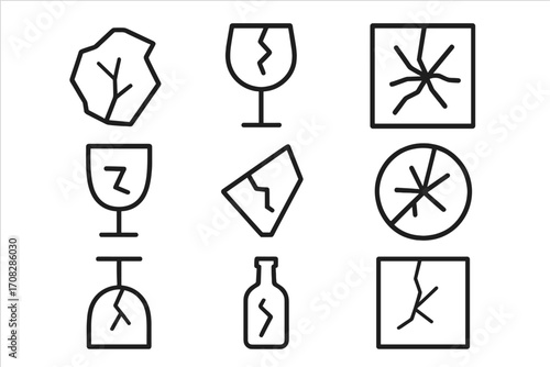 Broken glass line icon collection. Outline signs for graphic and web design. Vector illustration of cracked window, bottle, fragile symbol. Damage and shatter concept.