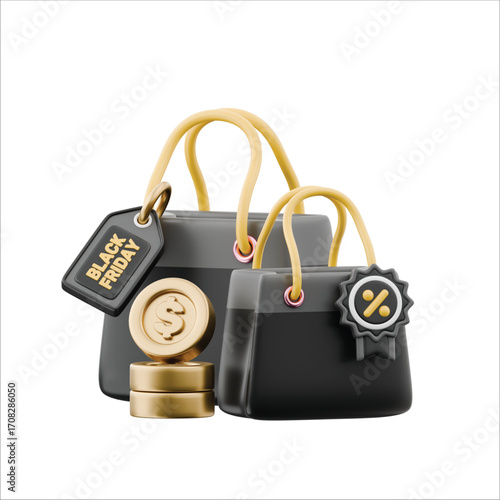 E-commerce and retail promotion concept featuring 3D shopping bags, discount symbols, and currency for a sales day
