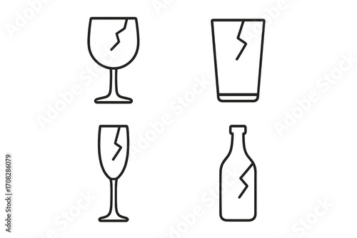 Broken glass line icon set. Fragile package warning symbol. Cracked wineglass, bottle, and drinking glass outline signs for web, apps, and graphic design. Vector illustration.