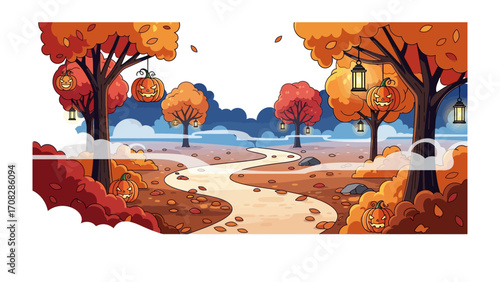 Autumnal Path to Enchantment: Vibrant fall foliage frames a winding pathway, adorned with festive pumpkins and lanterns, leading into a whimsical autumnal landscape, evoking the spirit of fall.