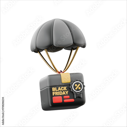 Shopping promotion concept showing a delivery box with a sale percentage icon, being airdropped by a parachute on an isolated white background