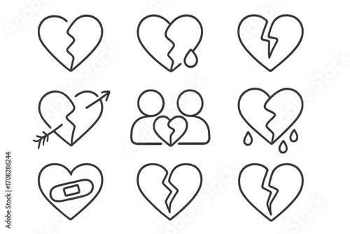 Broken heart line icon set. Vector outline symbols of heartbreak, divorce, and sadness. Love, pain, and relationship problem concepts for web, apps, and graphic design.