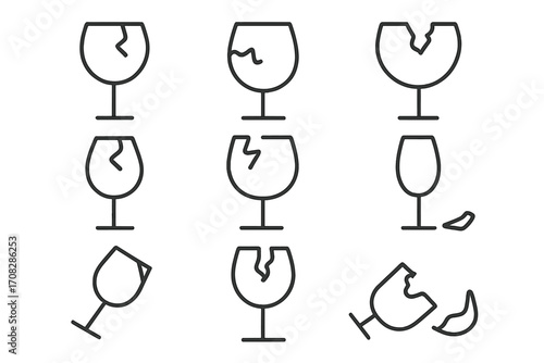 Broken wine glass line icon set. Fragile symbol collection. Cracked and shattered glassware pictogram for web, app, and package design. Vector logo element illustration.