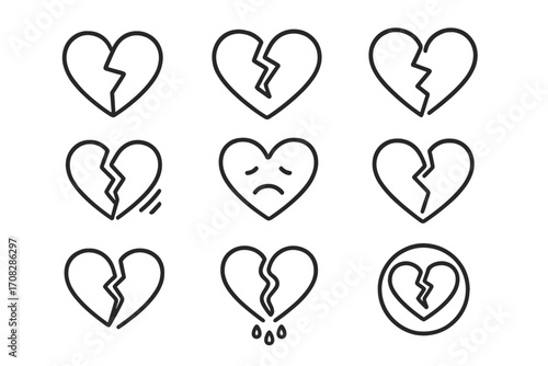 Broken heart line icon set. Heartbreak, divorce, and sadness concept symbols. Vector outline signs for graphic and web design, apps, and UI. Love and relationship crisis.