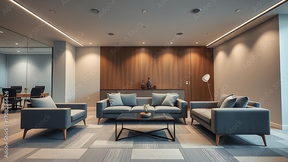 Fototapeta premium Modern office lounge with sleek furniture and a sophisticated neutral palette, arranged in a dynamic diagonal composition.