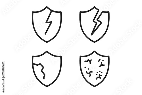 Broken shield line icon set. Damaged, cracked, and weak protection symbols. Vector outline illustrations for concepts of vulnerability, risk, poor defense, and failed security.
