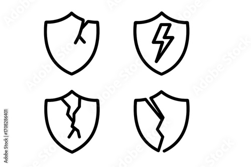 Broken shield line icon collection. Unsafe protection symbol set. Security failure and data breach concept. Vulnerable, risk, and danger signs for web. Vector illustration.