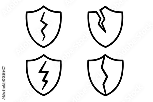 Broken shield line icon set. Concept of vulnerability, risk, and security failure. Unsafe, no protection, and data breach metaphor. Vector outline signs for web and apps.