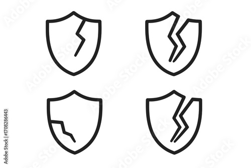 Broken shield icon set. Concept of vulnerability, risk, no protection, data breach, and danger. Modern outline vector illustration for web, UI, UX, and mobile app design.