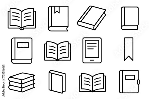 Book line icon set. Reading, library, and education outline icons. Vector symbols for web design, apps. Includes open book, diary, ebook, bookmark, and textbook signs for knowledge.