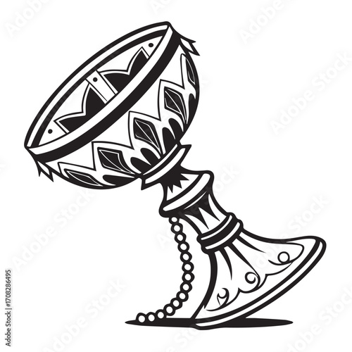 Stylized black and white illustration of an ornate chalice with decorative patterns, isolated on white background