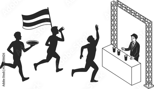 Marathon runners with drinks, sports competition refreshment zone, athletes racing to hydration station, serving beverages at finish line, team endurance event 