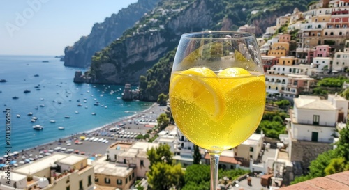 Fototapeta Naklejka Na Ścianę i Meble -  Refreshing Citrus Cocktail with Scenic View of Amalfi Coast and Coastal Towns in Background