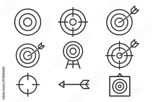 Target and aim line icon set. Dartboard with arrow, bullseye, and goal symbols. Business strategy, mission, objective, and success concept for web and apps. Focus vector.
